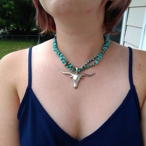Turquoise Longhorn Bull Western Necklace